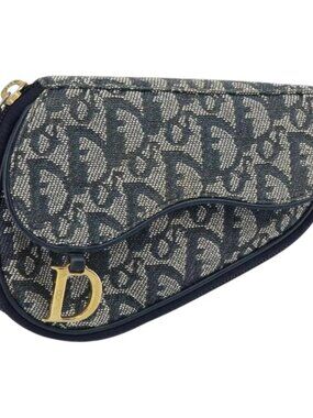Christian Dior Trotter Canvas Saddle Pouch Navy Gold Auth 160847